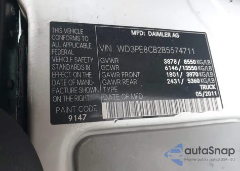 2011 Mercedes-Benz Sprinter 2500 High Roof from USA, damaged, VIN WD3PE8CB2B5574711